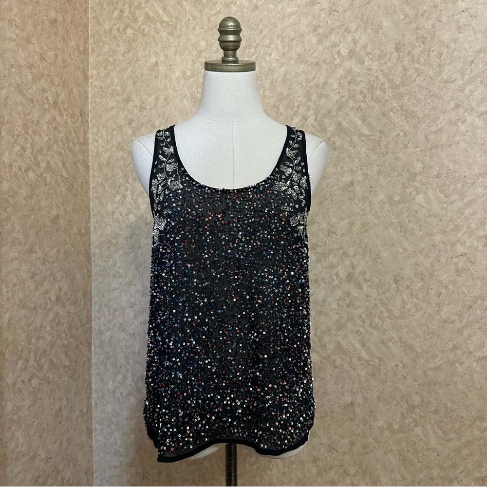 Zara Trafaluc Black Sheer Sequin Beaded Floral Flowy Tank Top